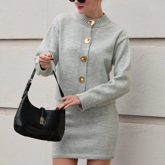 Grey Casual Women's Gold Button Round Neck Cardigan Two-Piece Set - Picture 1 of 6